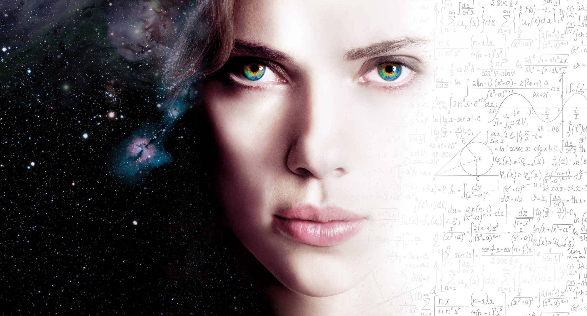 lucy scarlett johansson film film 2014 action sci-fi fantasy thriller hübsch mädchen schön gesicht augen lippen raum galacy sterne formeln symbole abstraktion hd hintergrundbilder