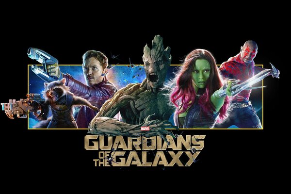 Strażnicy Galaktyki lub gwiezdny Lord Gamora. Raccoon Rocket Batista VIN Drax niszczyciel z: Chris Pratt, Zoe Saldana, Vin Diesel Grotto, Bradley Cooper i Peter quill 