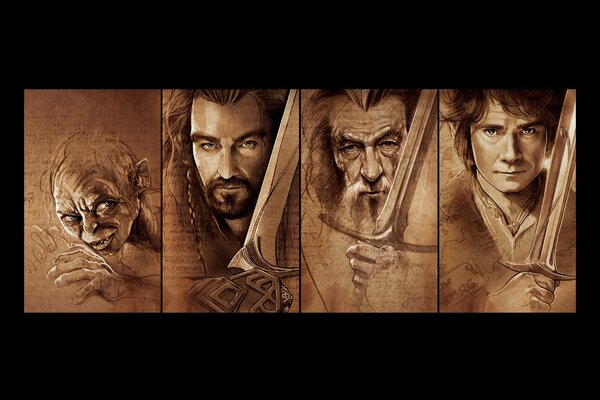 Thorin, Gandalf and Bilbo with swords and Gollum bow with them