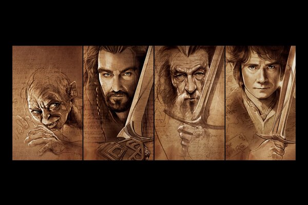 Thorin, Gandalf y Bilbo con las espadas y el arco de Gollum con ellos