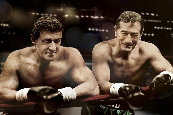 De Niro and Stallone in the ring wearing gloves
