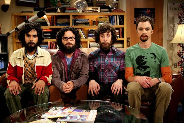 Sheldon, Leonard, Howard, Raj with a mustache and beard