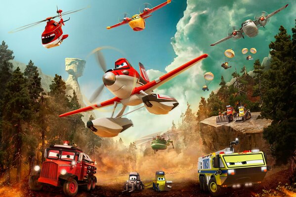 Personaggi dei cartoni animati su incendi e aerei e auto di soccorso