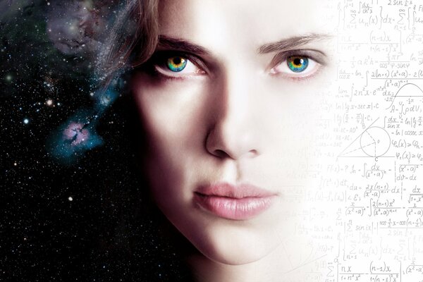 Portrait of a girl, rainbow eyes, around space and formulas