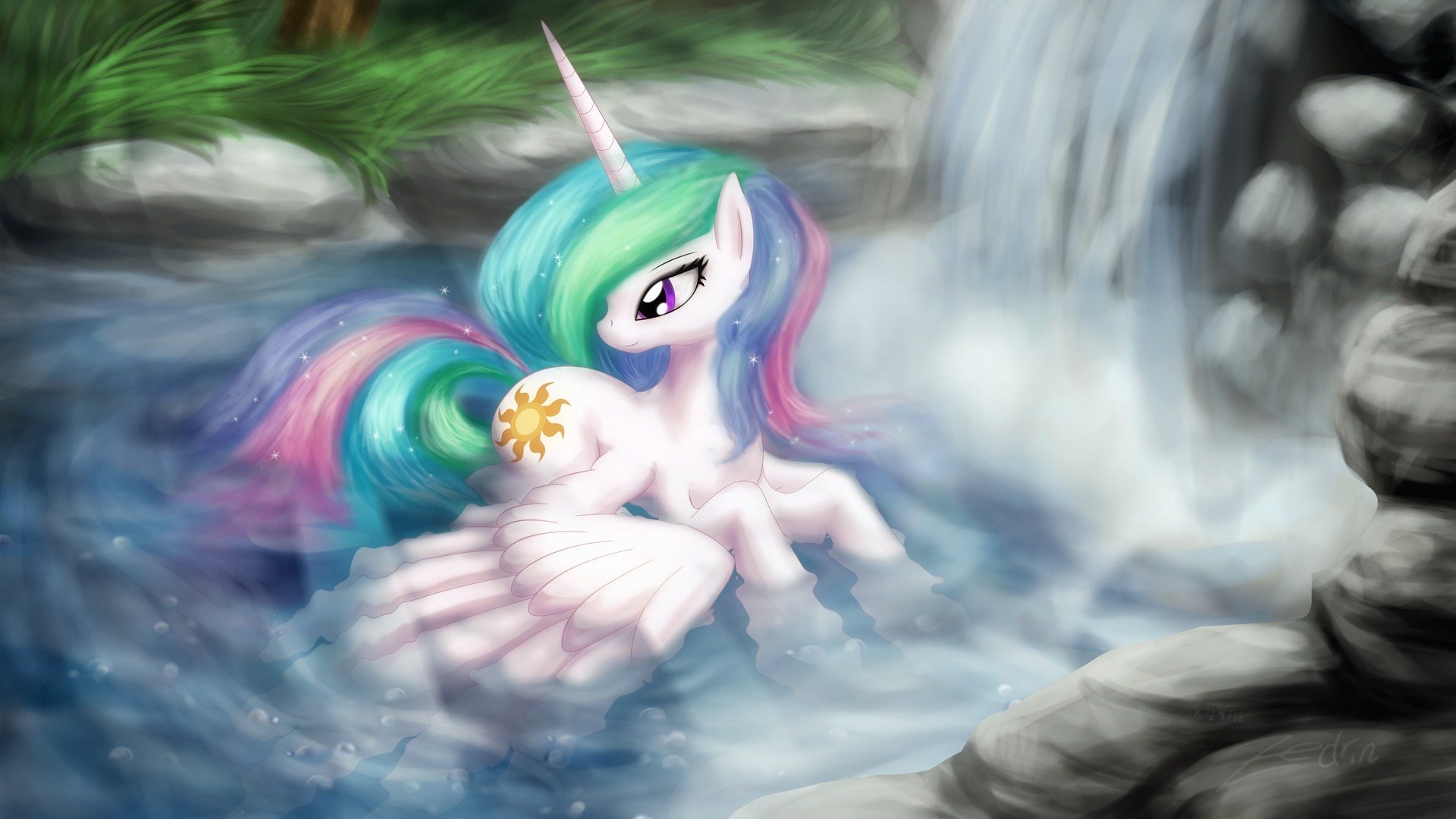 my little pony ponies celestia cartoon art swimming water waterfall wings prince