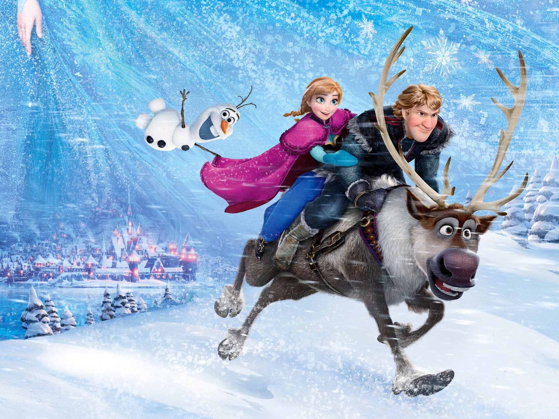 frozen walt disney 2013 arendelle anna kristoff sven olaf frozen animación arendelle reino ciudad nieve copos de nieve ciervo muñeco de nieve princesa