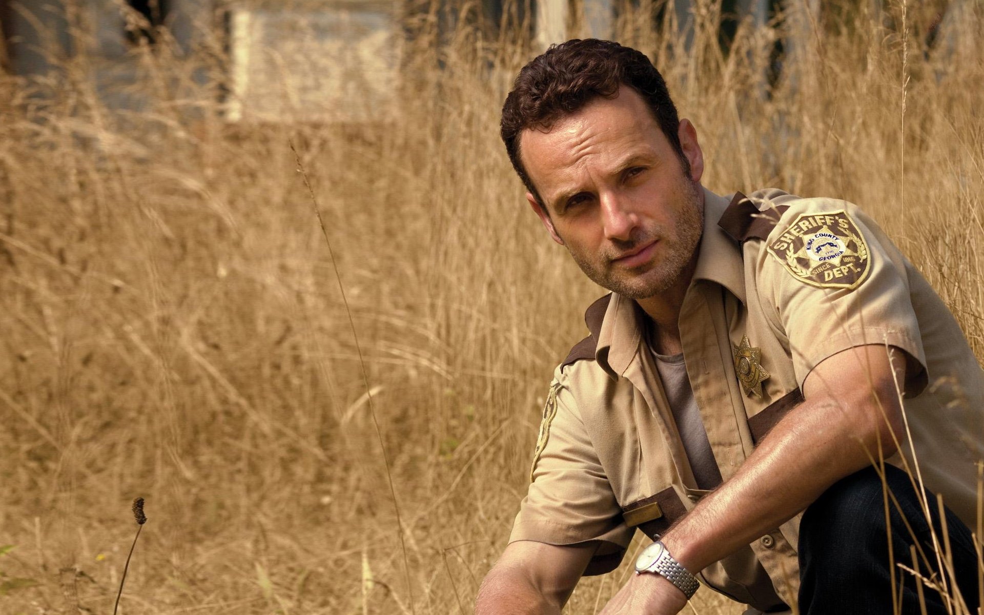 the walking dead the walking dead série tv zombie rick grimes andrew lincoln herbe ferme arrière-plan