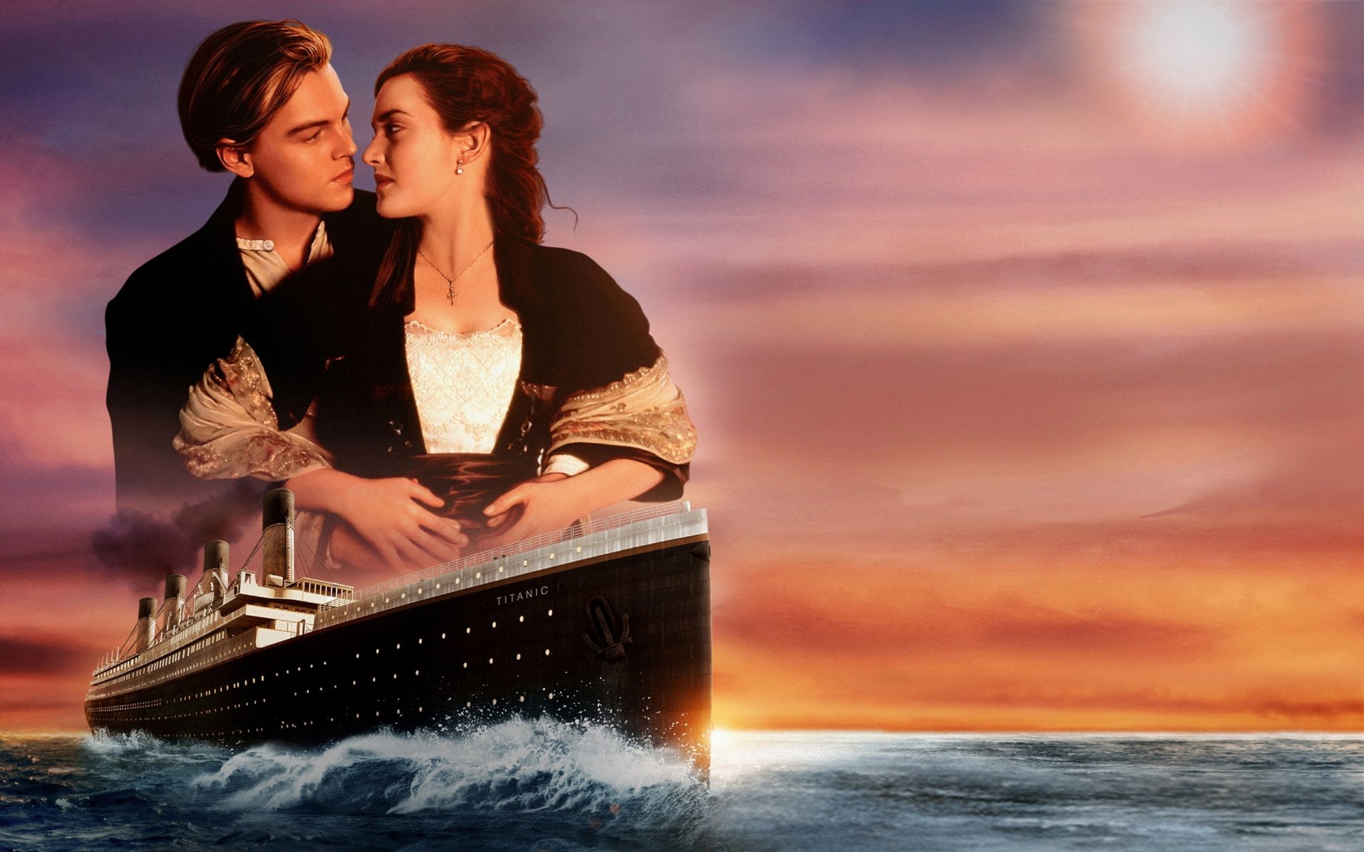 titanic leonardo dicaprio kate winslet miłość zachód słońca statek leonardo dicaprio para jack dawson rose