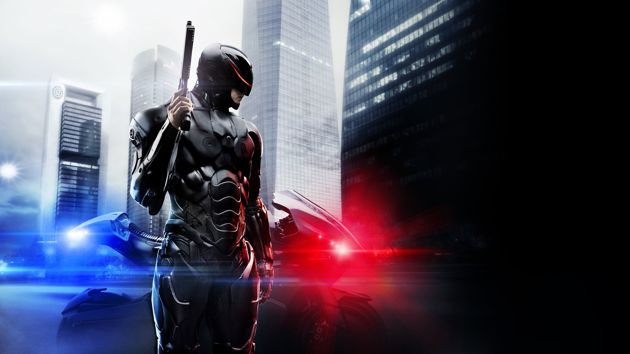 robocop robo poliziotto film film 2014 kinnaman alex murphy sony pictures metropolitana goldwyn mayer columbia pictures mgm azione crimine fantascienza thriller polizia blu e rosso luce sirena moto moto cyborg uomo ragazzo nero b