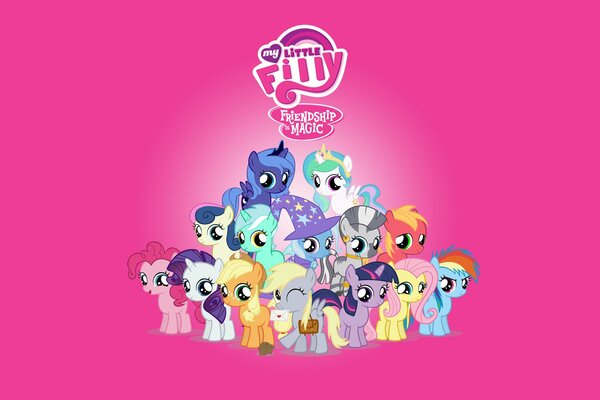 All the heroes of the little pony on a pink background