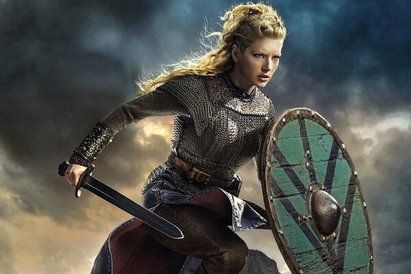 Katherine Winnick with Sword and Shield