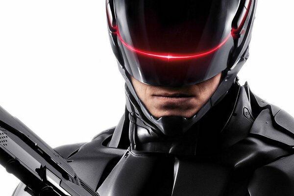 Robocop in Schwarz mit Waffen auf weißem Hintergrund