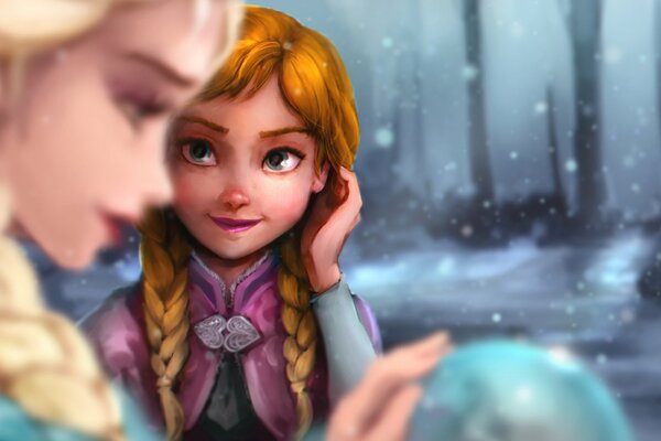 A girl talks to Elsa in the winter forest