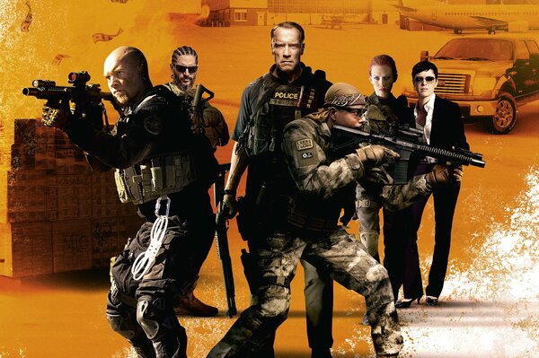 Armed men on the background of a poster