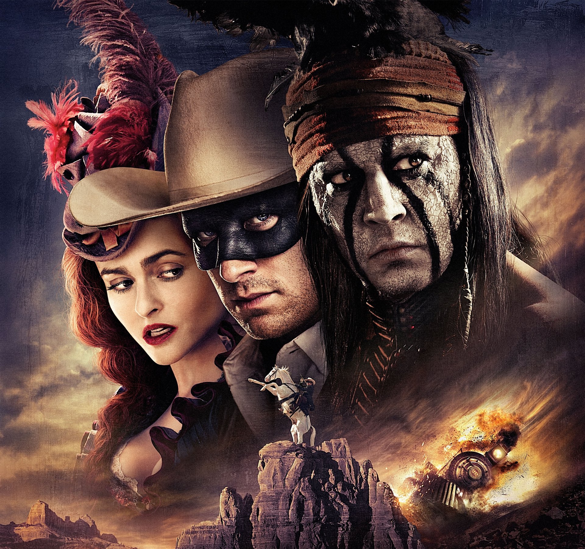 lone ranger cine películas película johnny depp armie hammer helena bonham carter héroe héroes tonto rojo john reid blanco hora hombre hombres chica mujer mujer máscara cielo fuego nube ferrocarril máquina de vapor negro azul g