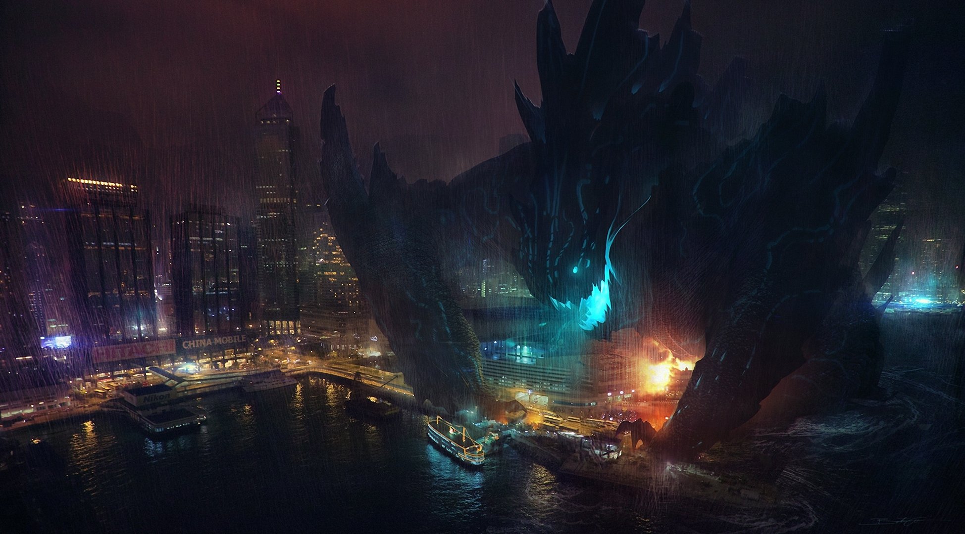 art pacific rim pacific rim kaiju monster city port ships destruction night