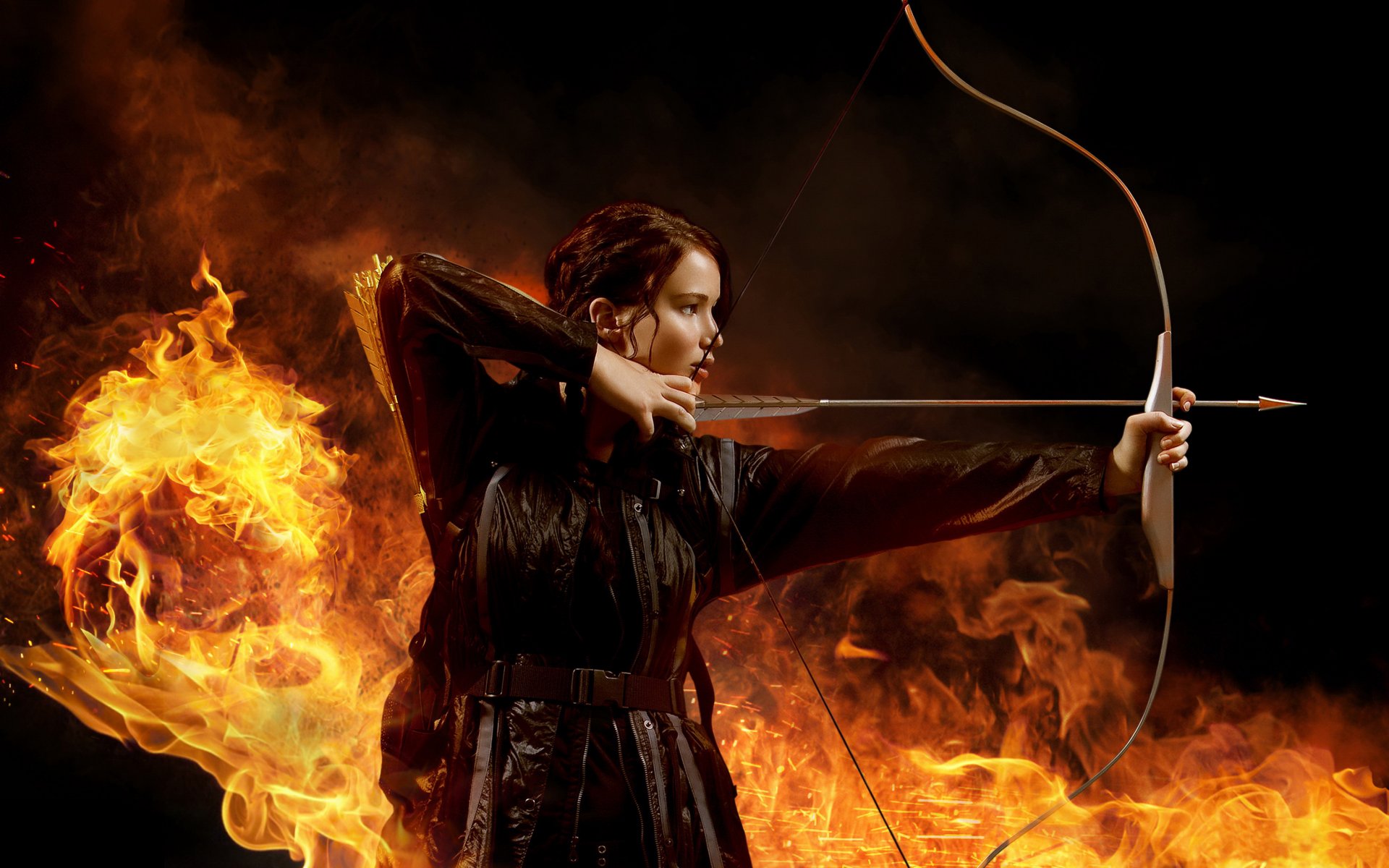 hunger games brunette jennifer lawrence in denote hunger games shot training fight to survive opinion manicure equipment clothing quiver bow string boom fire sparks dark background movie blockbuster end