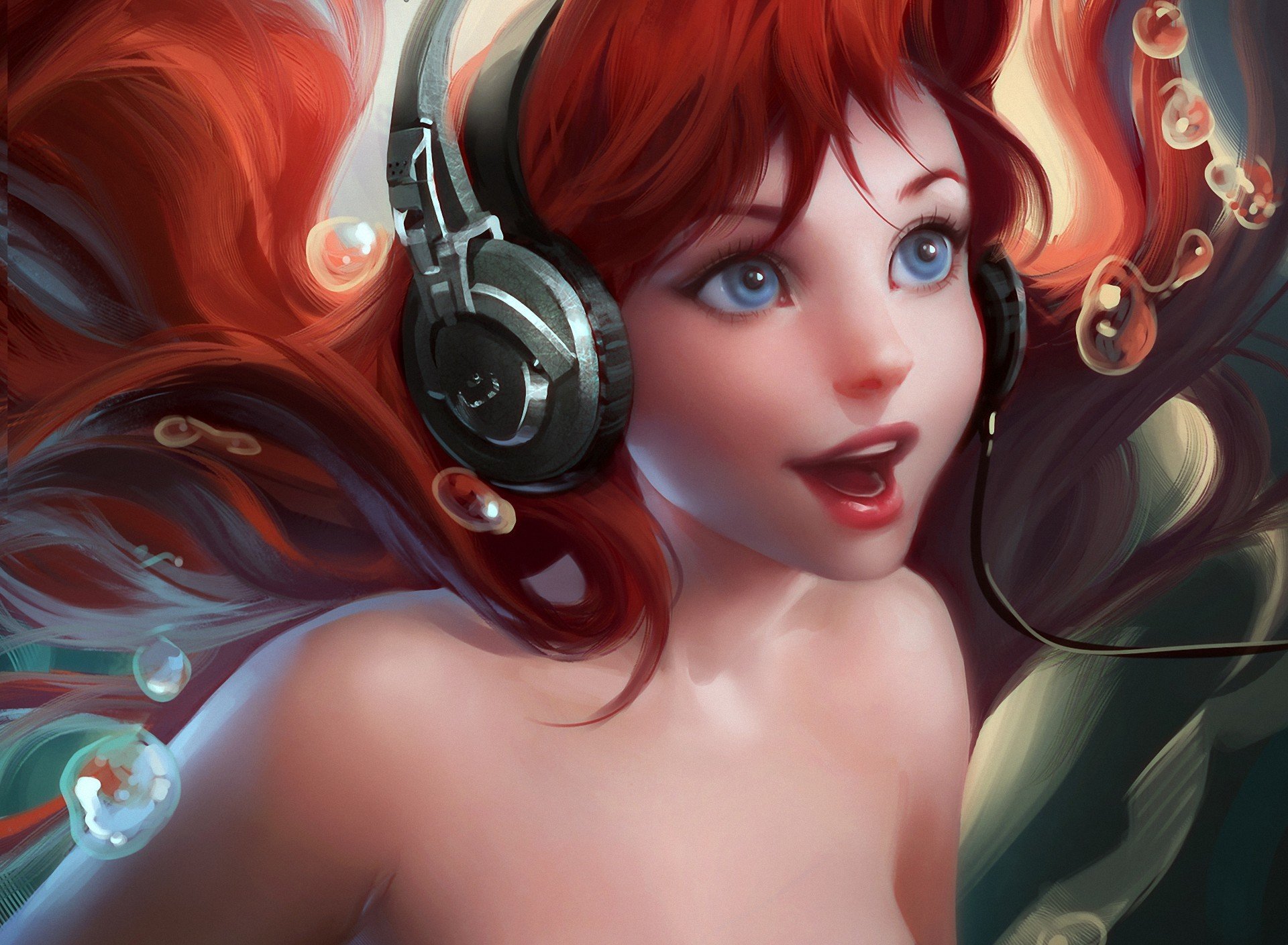 art sakimichan little mermaid ariel headphones bubbles sea