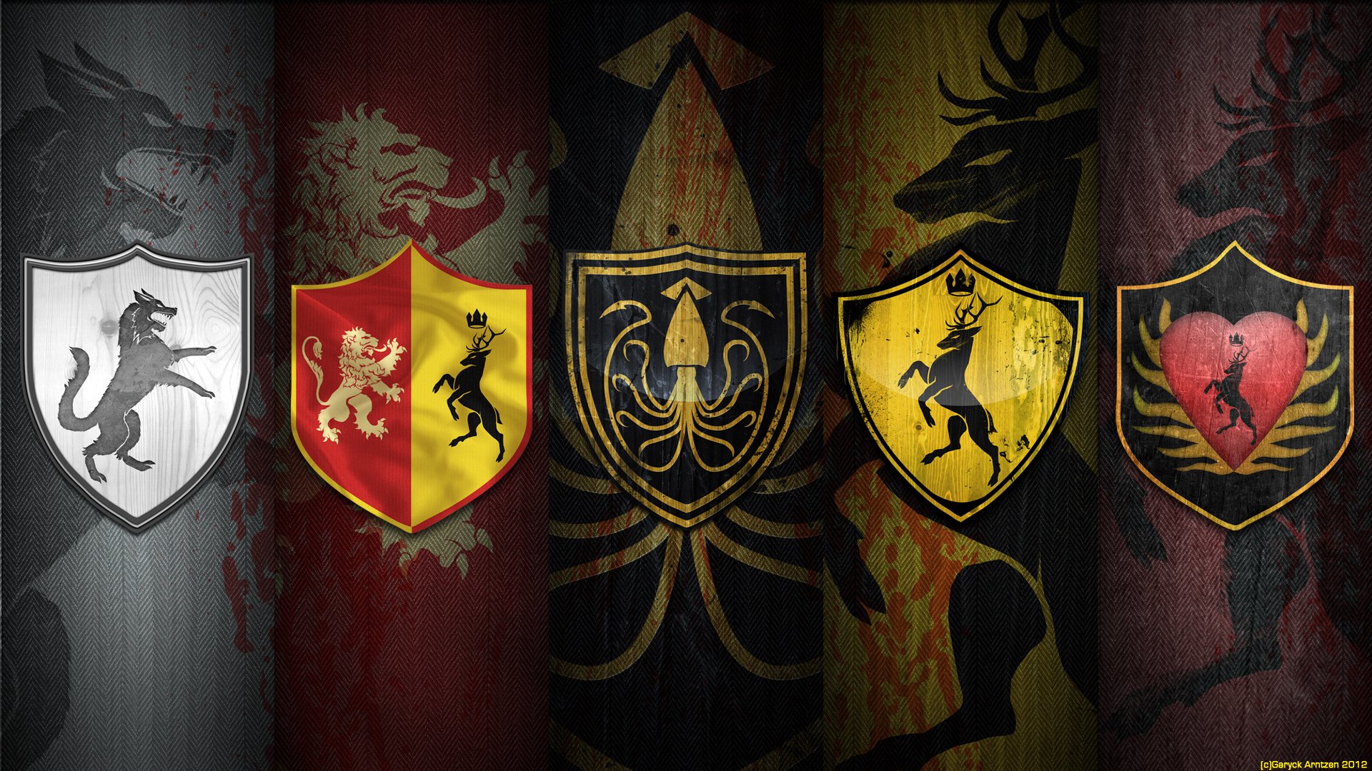 war of the five kings game of thrones song of ice and fire song of ice and fire stark baratheon greyjoy arryn coat of arms wolf deer octopus lion