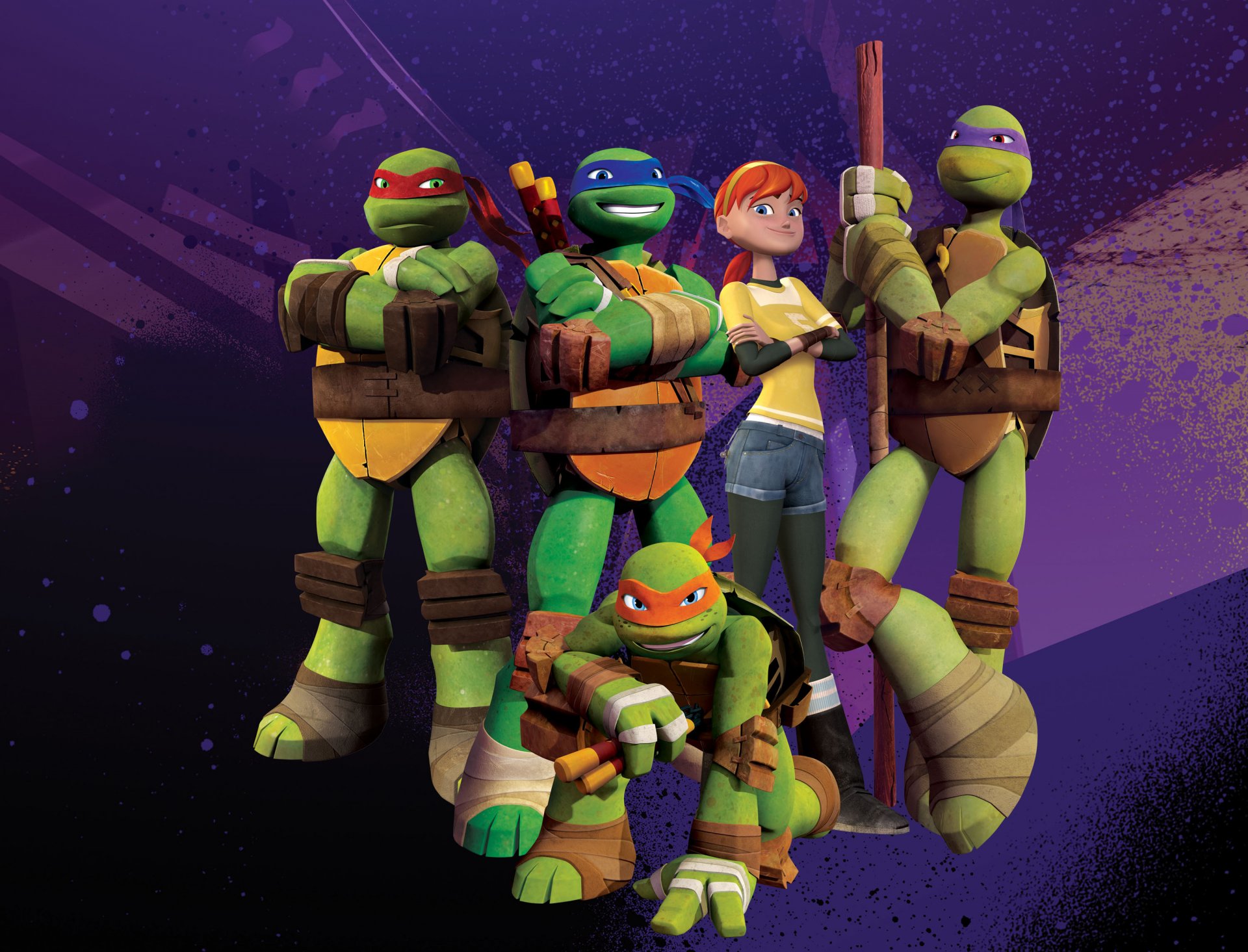 tmnt nickelodeon ninja turtles ninja turtles leonardo donatello michelangelo raphael cgi animation nicktoon gruppenpose charaktere waffen grün cartoon 3d 3d cartoon april april über nil tmnt 2012 tv-serie