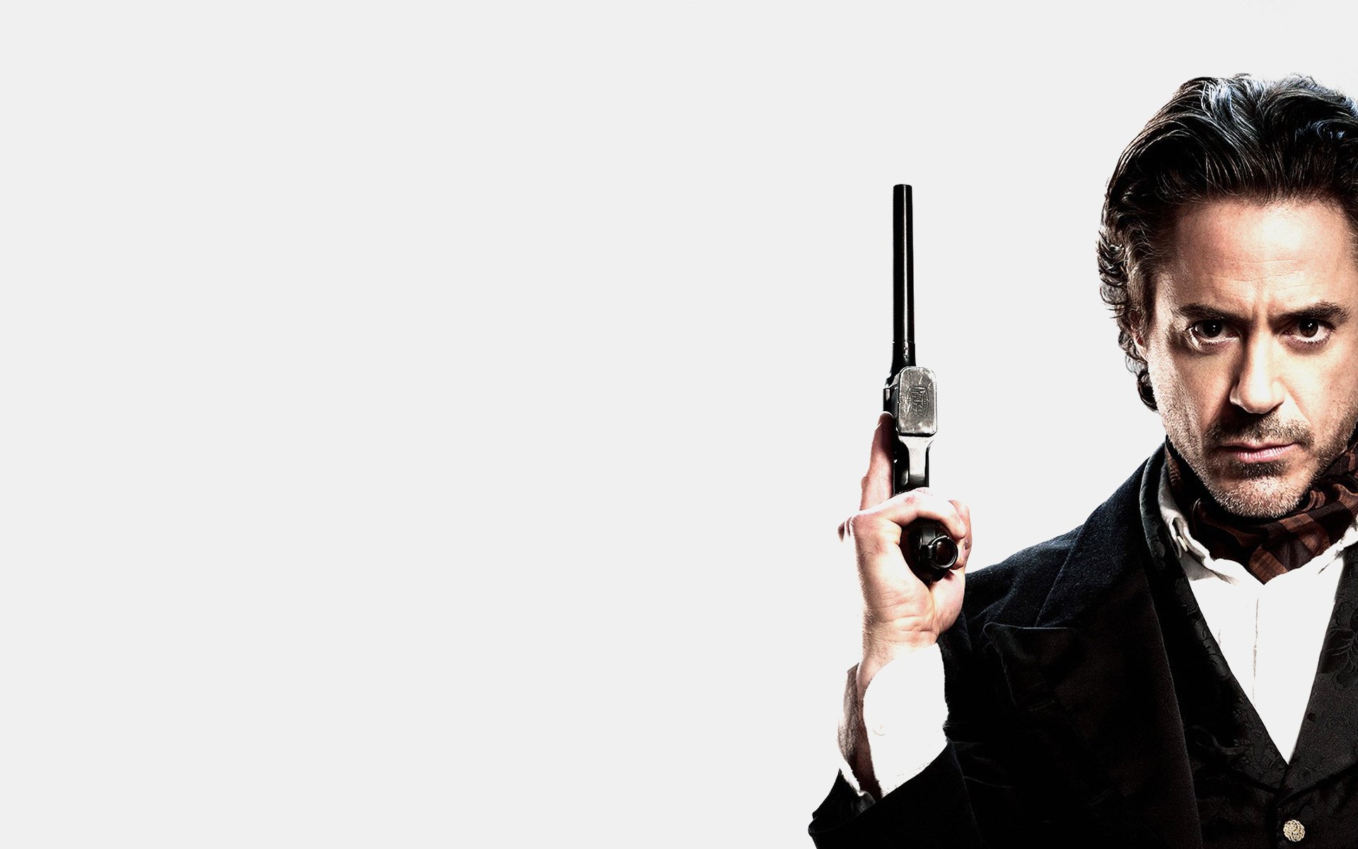 sherlock holmes robert downey jr. pistola fondo blanco no una mirada amable