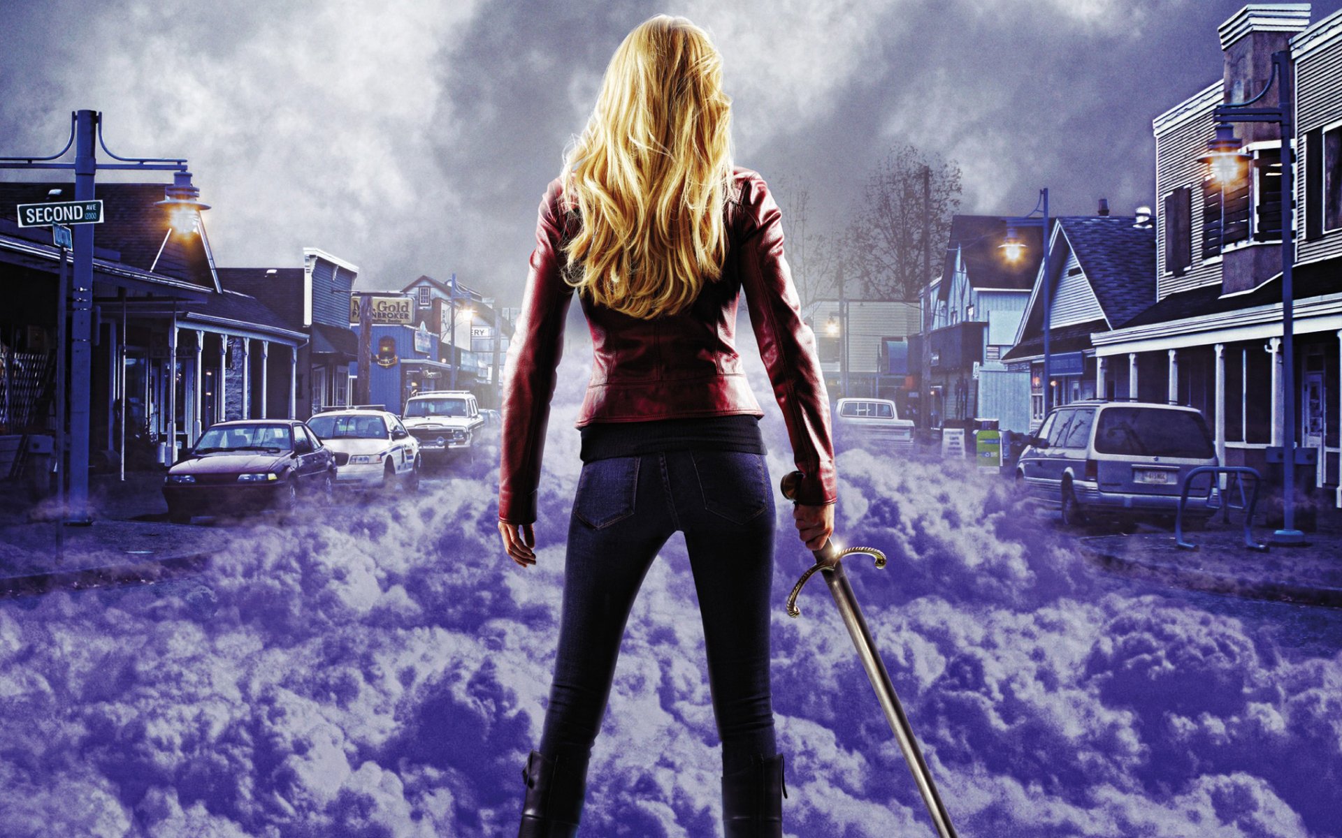 once upon a time in a fairy tale once upon a time city fog purple girl sword cars red jacket blonde cloud