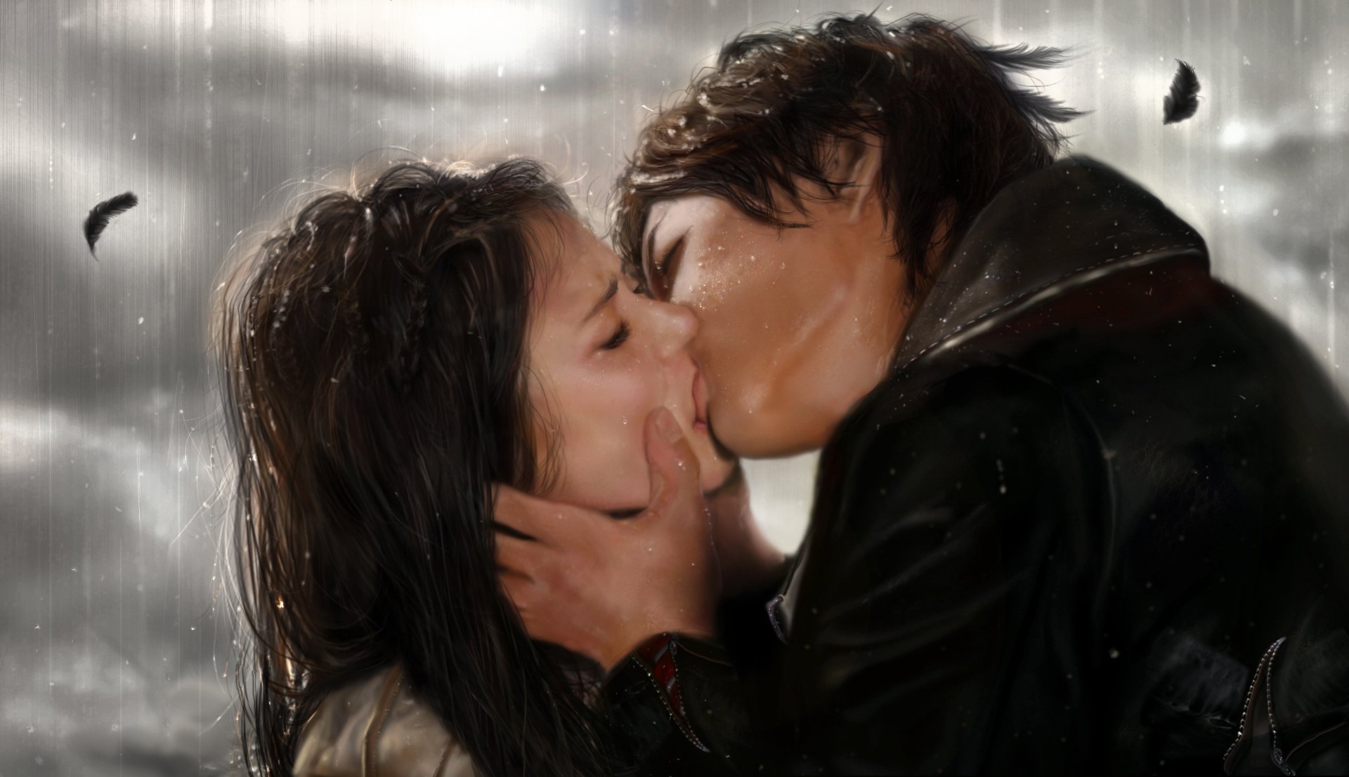 serie de televisión amor the vampire diaries damon elena beso lluvia