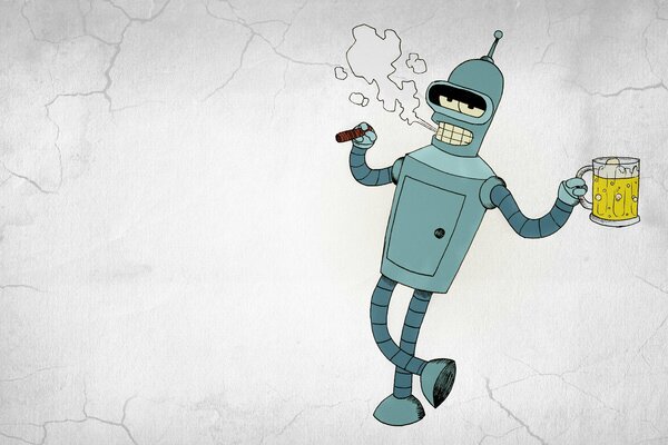 Futurama. Bender fume avec de la bière