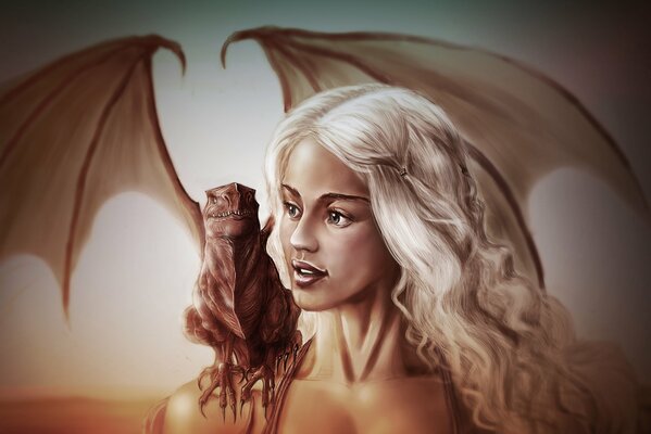 Daenerys Targaryen de Game of Thrones avec un dragon sur l épaule