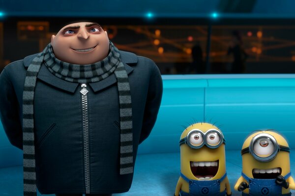 Gru and two minions from the cartoon Despicable Me 2