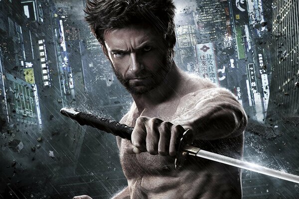 Wolverine with a sword in his hands in the rain