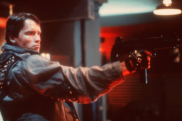 A shot from the movie terminator with a machine gun