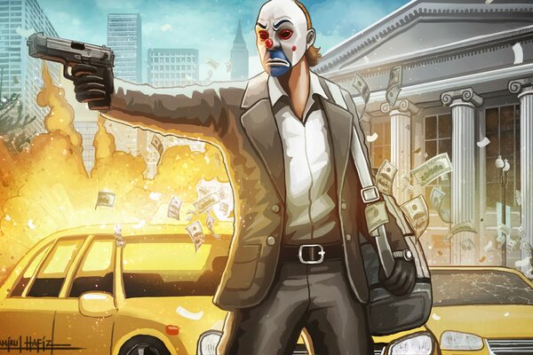 Joker with a gun in his hand on the background of a burning yellow car