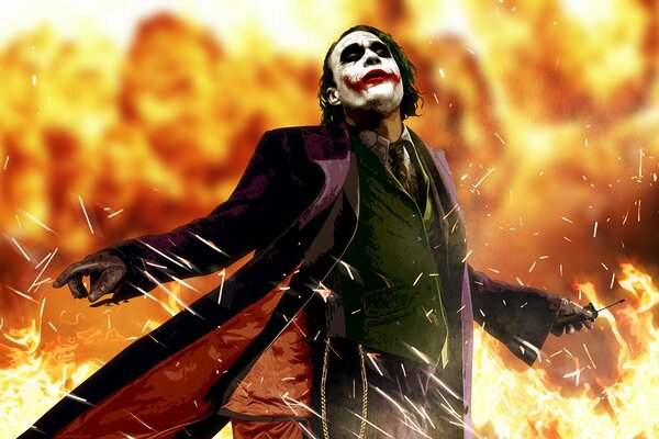 The Joker stands in the center of the fire