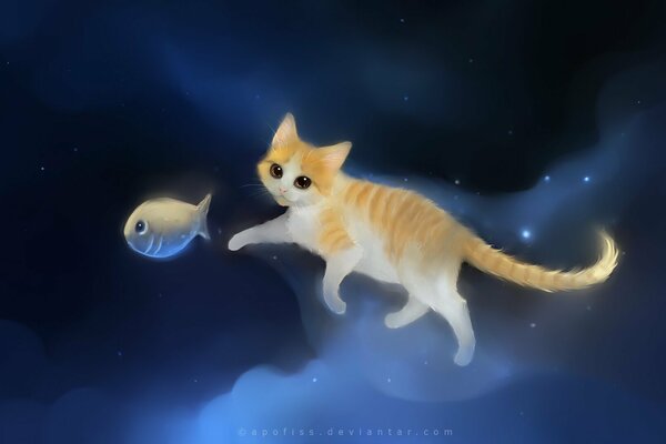 Dibujo de un gatito y un pez en el fondo del cielo