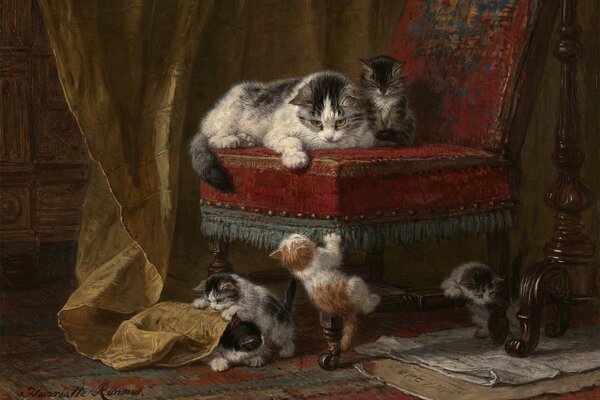 Painting. A cat watches kittens playing