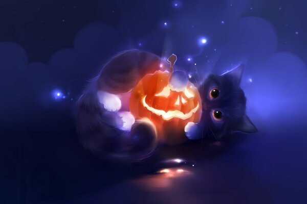 Мультяшный котёнок с тыквой на хэллоуин