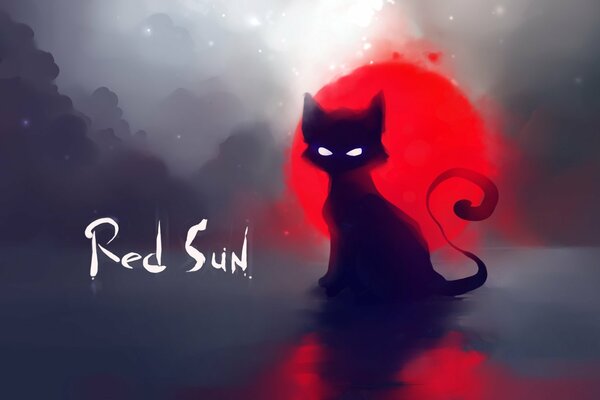 Красное солнце на заднем плане кота