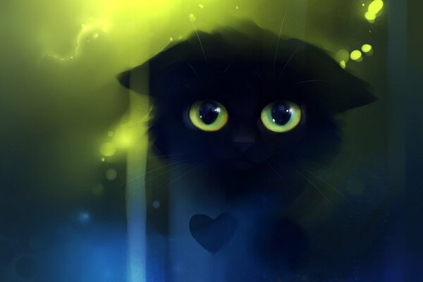 Black sad kitten with green eyes