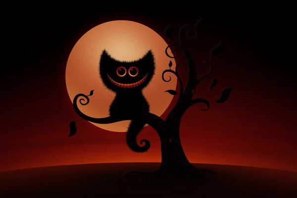 Cheshire cat on a tree on the background of the moon