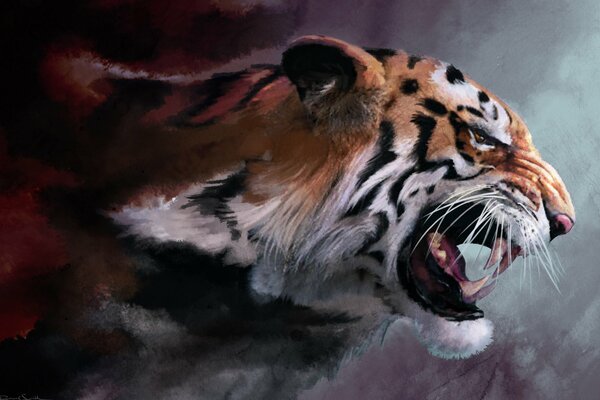 Realistic drawing of a snarling tiger