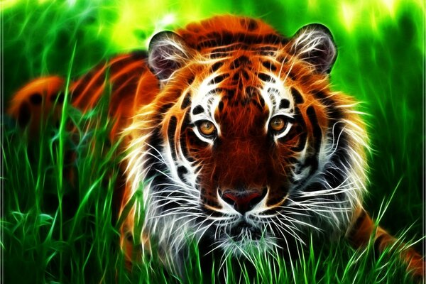 3D picture of a tiger and his heavy gaze