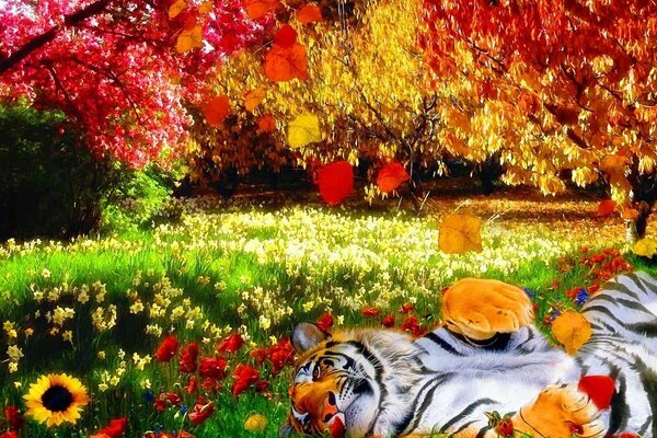 Tiger auf der Wiese zwischen Blumen und Bäumen