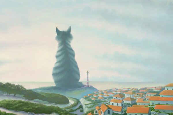 The giant cat is sitting at the lighthouse