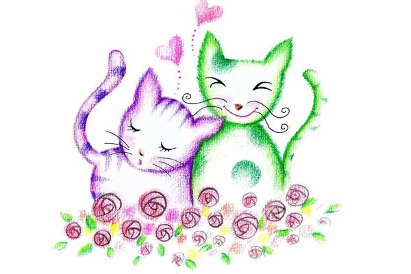 Katze und Katze mit Blumen und Herzen