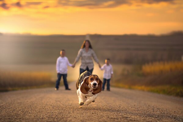 Laufender Hund und Frau mit Kindern