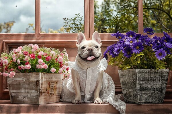 Perro vestido entre las flores