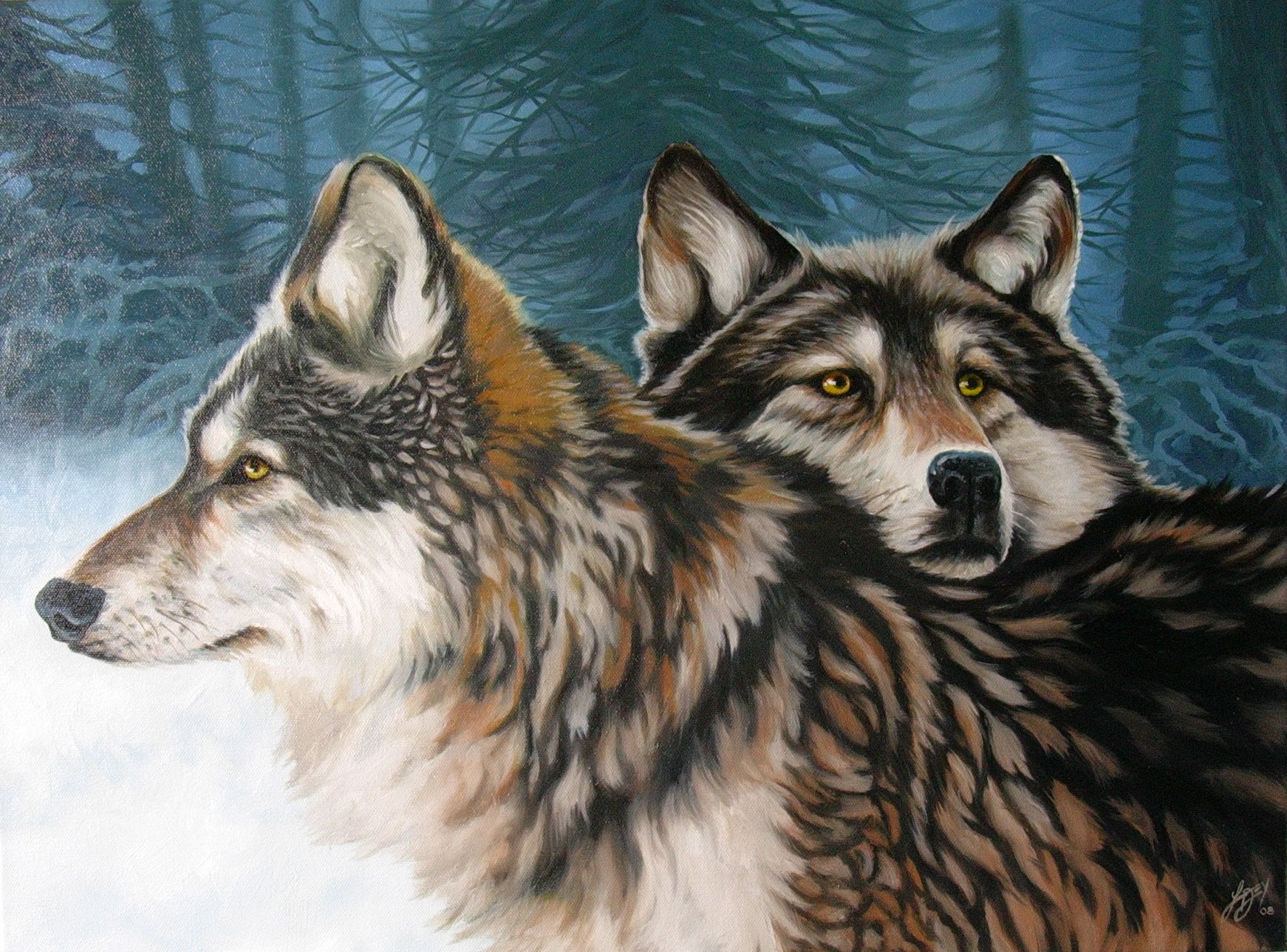 arte lobos bosque invierno pareja lealtad