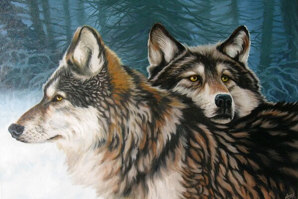 Картина двух волков в зимнем лесу