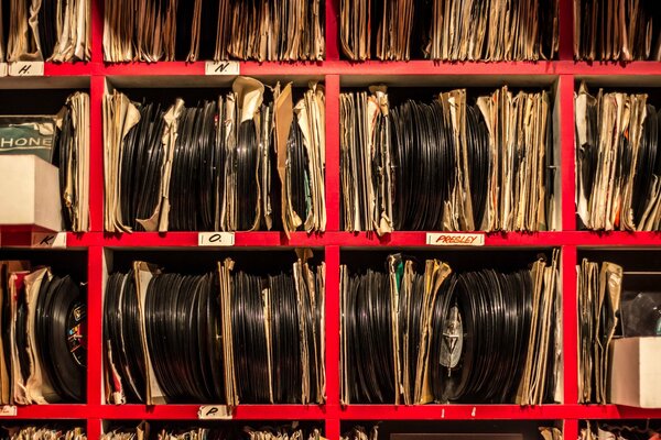 Collection of vintage records on the shelves